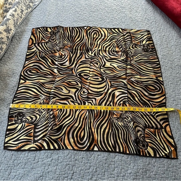 Zebra Print Scarf Black & Rust Safari Silk Feeling Vintage Roller Hem 28” Square - Picture 9 of 10